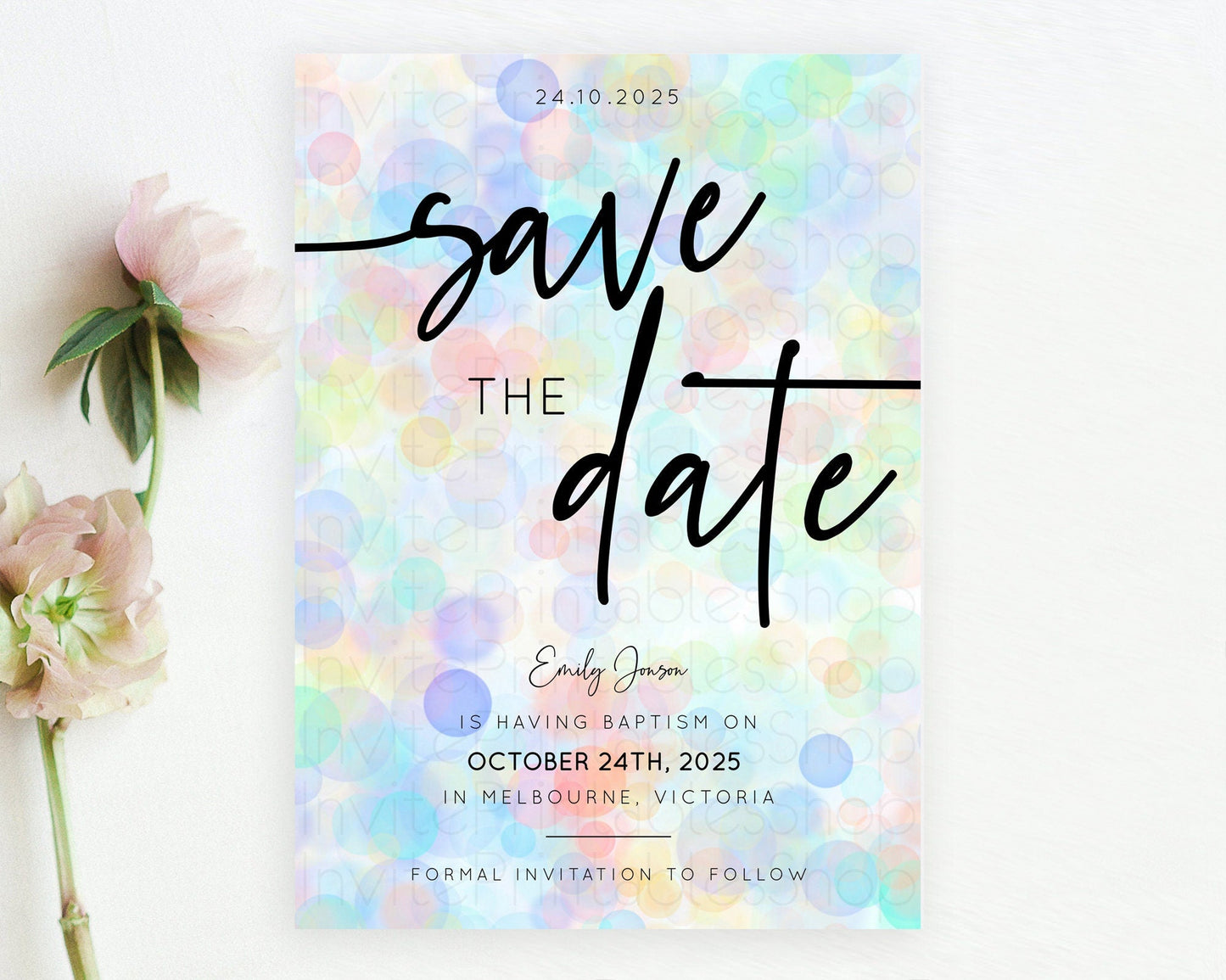 Pastel Bubbles Save The Date Template Bubble Bath Party Rainbow Colorful Confetti Sprinkles 1st Birthday Baby Shower Baptism Wedding D10444