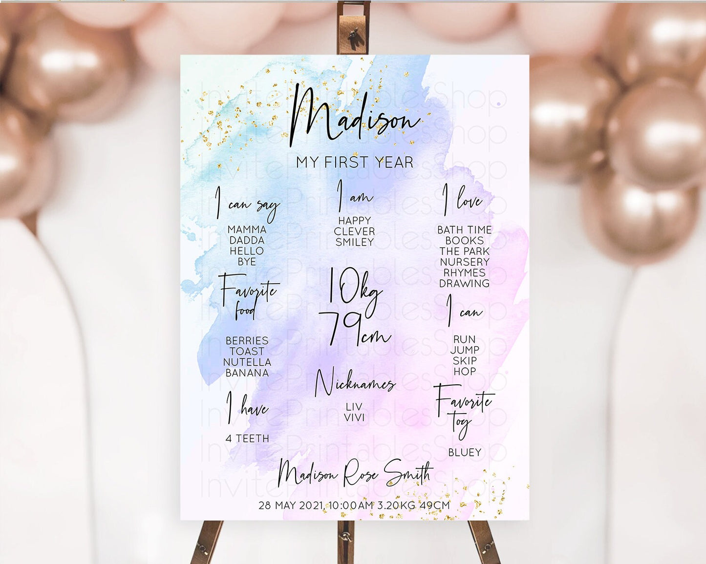 Purple First Birthday Milestone Poster Purple Watercolor Milestone Board Pastel Purple Watercolor Splash Milestone Sign 1st Birthday D10169