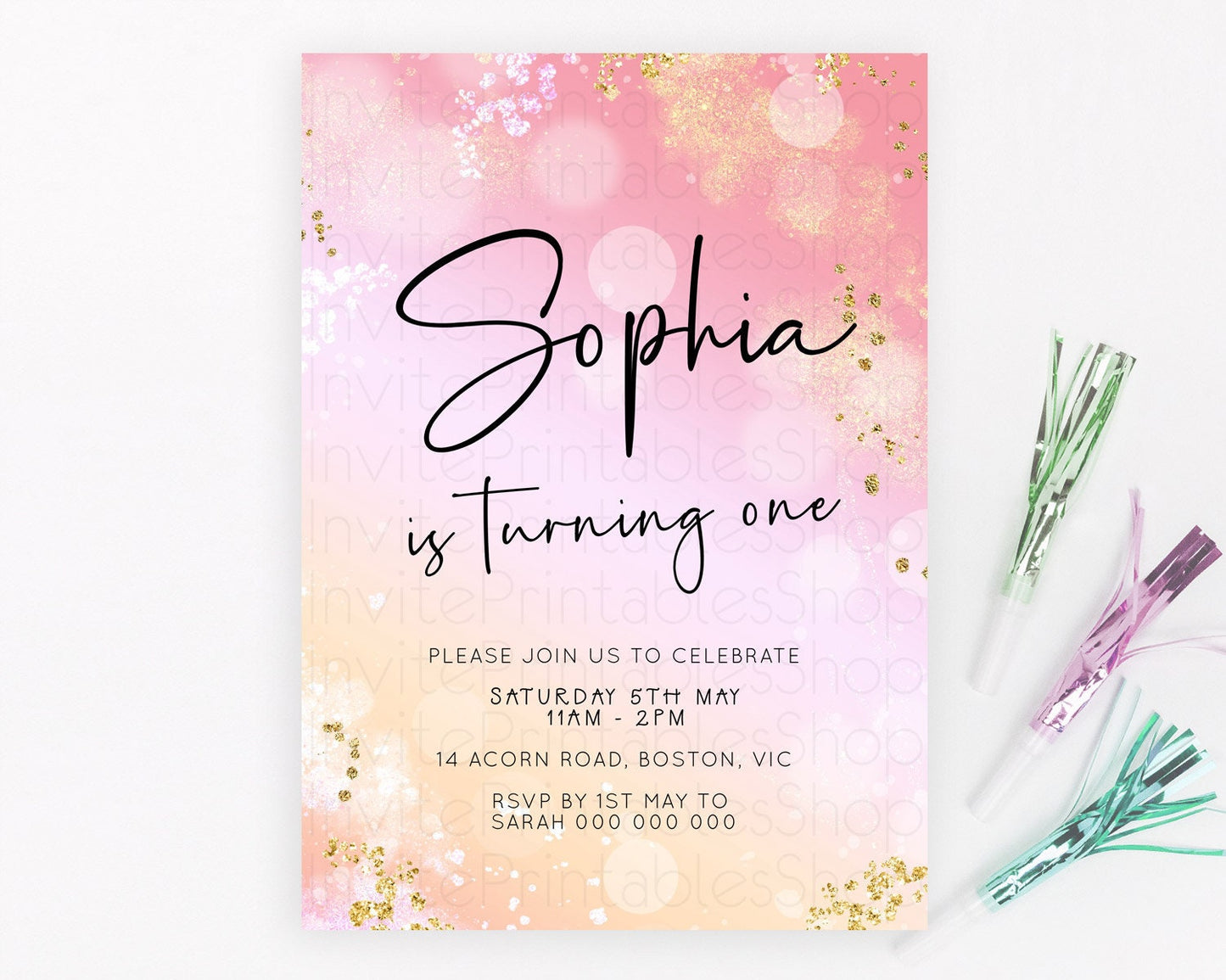 Editable Pink Birthday Invitation pink Watercolor Invitation Pastel pink Wat