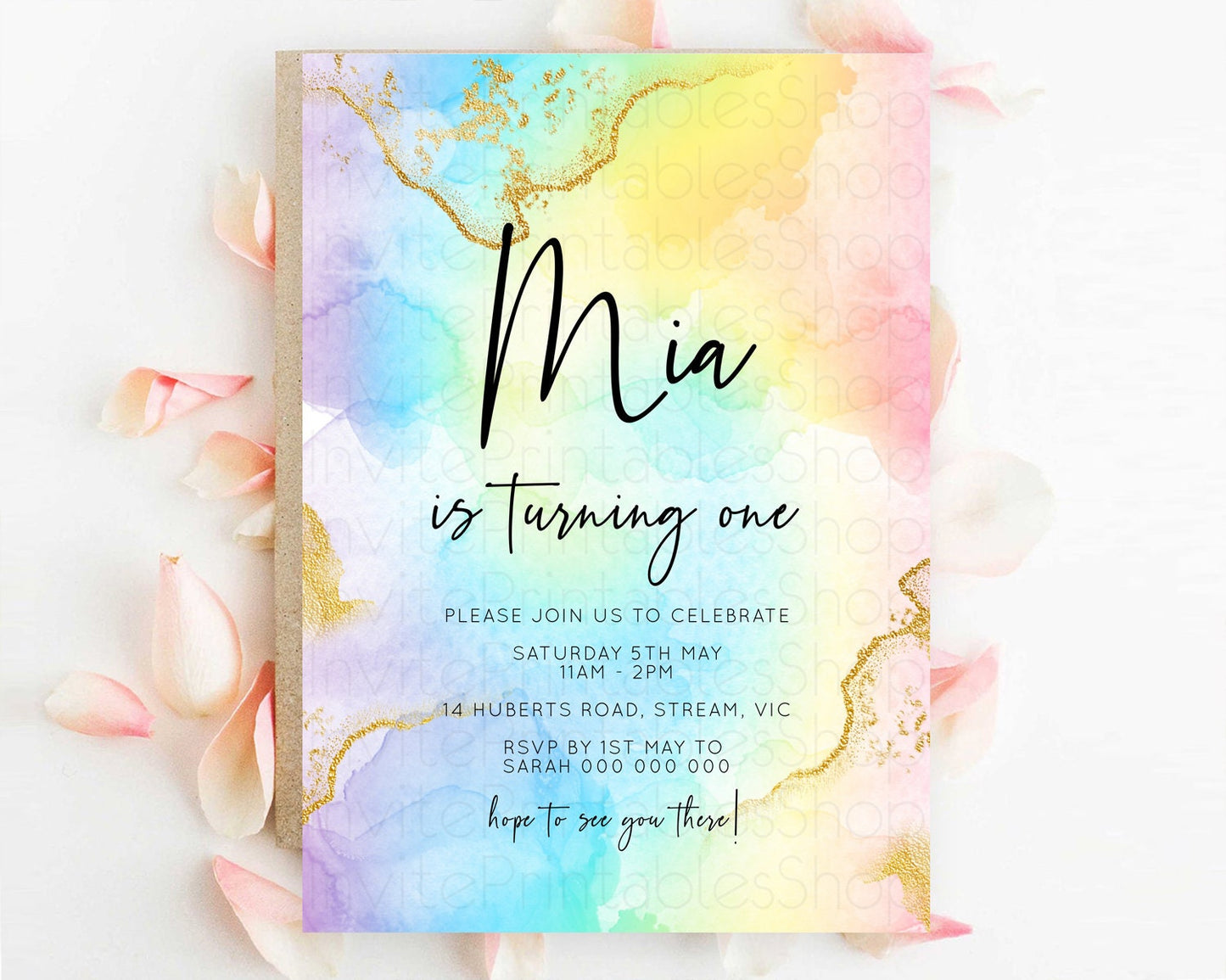 Rainbow Birthday Invitation Colorful Pastel Watercolor Invitation Gold Glitter Sprinkles Ombre Pastel 1st 2nd 3rd Birthday D10588