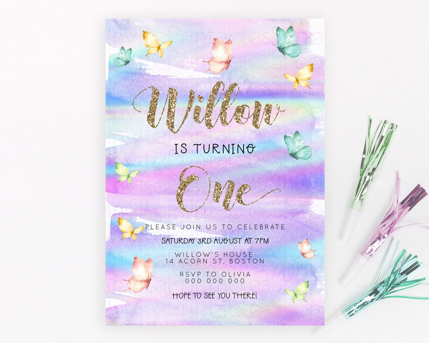 Pastel Butterfly Birthday Invitation Butterfly Birthday Invitation Colorful Splash Glitter Butterfly Garden 1st 2nd Birthday D23215