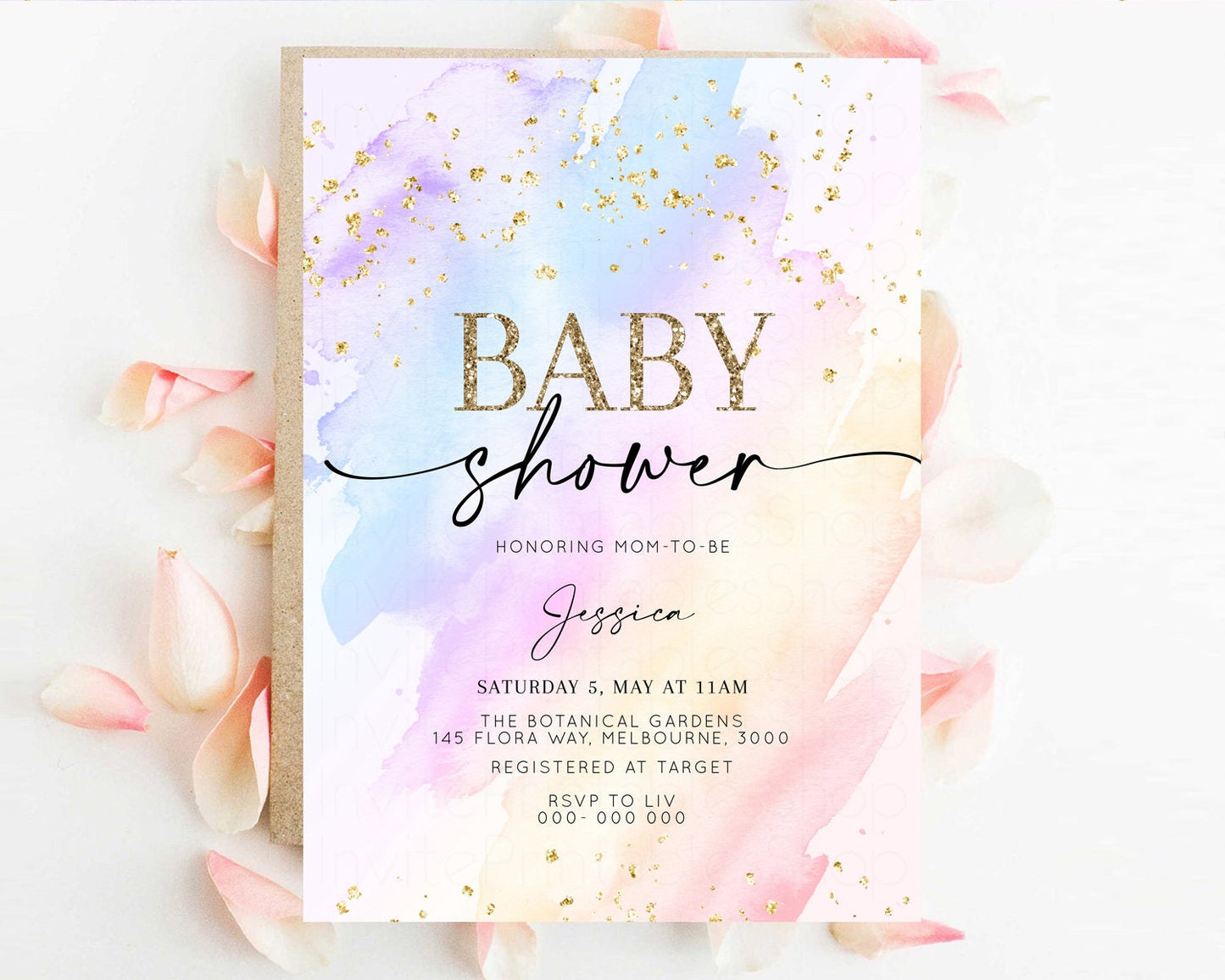 Rainbow Baby Shower Invitation Pastel Baby Shower Invitation Watercolor Ombre Invitation Rainbow Pastel Colors Invite Glitter Confetti t600