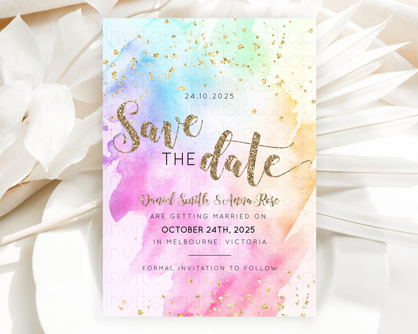 Pastel Save The Date Template Pastel Ombre Rainbow Watercolor Colorful Party For Birthday Baptism Baby Shower Wedding Bridal Shower D10450