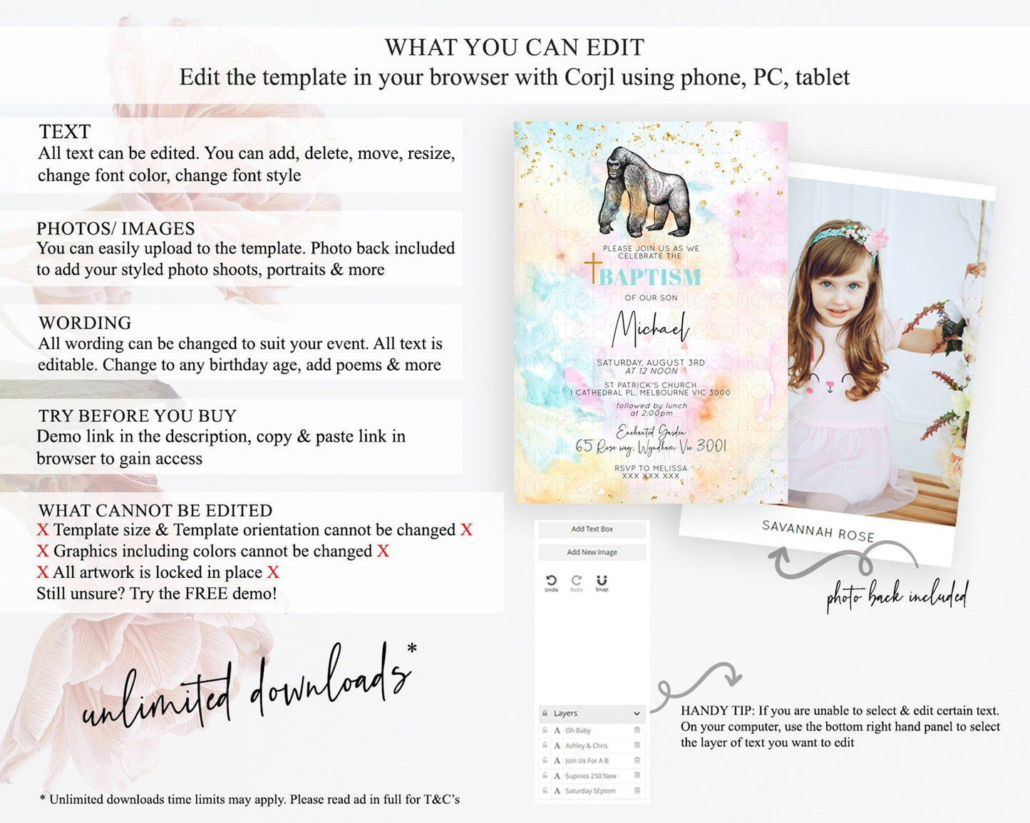 Pastel Gorilla Baptism Invitation Ombre Gorilla Baptism 1st Birthday Invitation Rainbow Watercolor Safari Christening Invitation D10284