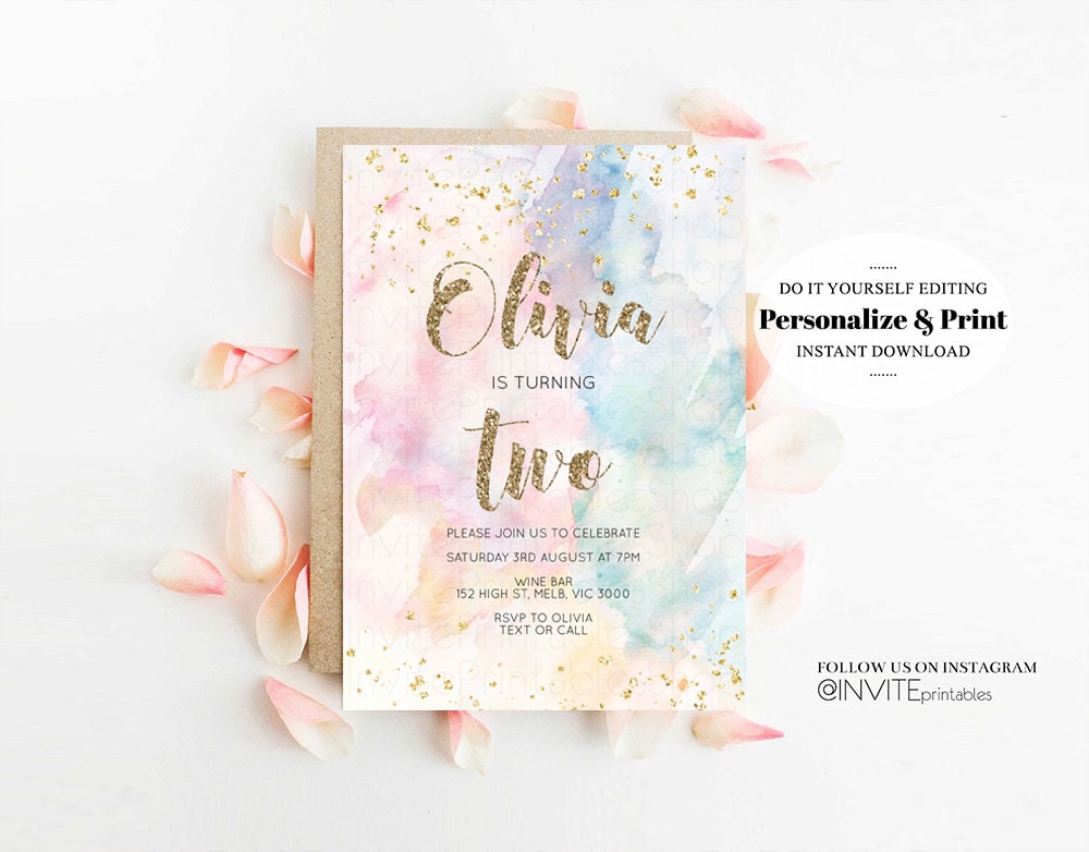 Rainbow Birthday Invitation Glitter Pastel Invitation Colorful Watercolor Gold Foil Splatter Sprinkles Ombre 1st 2nd 3rd Editable Invite 276