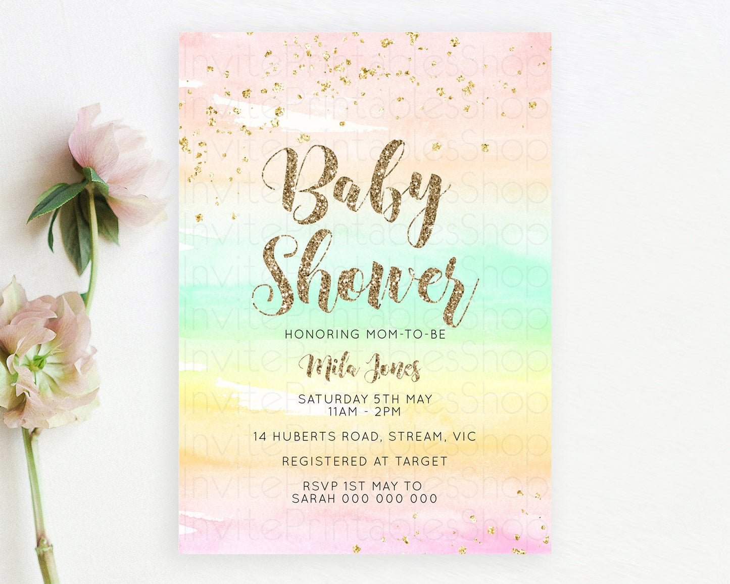 Pastel Baby Shower Invitation Rainbow Baby Shower Invitation Colorful Pastel Watercolor Invitation Gold Glitter Sprinkles Ombre D10592