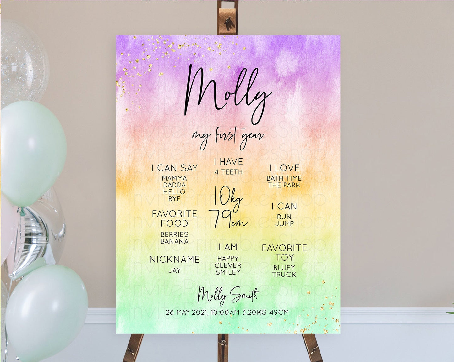 Pastel First Birthday Milestone Board Pastel Rainbow Milestone Poster Colorful Confetti Watercolor Glitter 1st Birthday Welcome Sign D10514