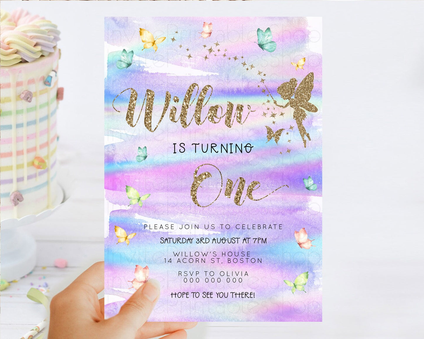 Pastel Fairy Birthday Invitation Pastel Butterflies Fairy Birthday Invitation Rainbow Ombre Watercolor 1st 2nd Birthday Invitation D23309