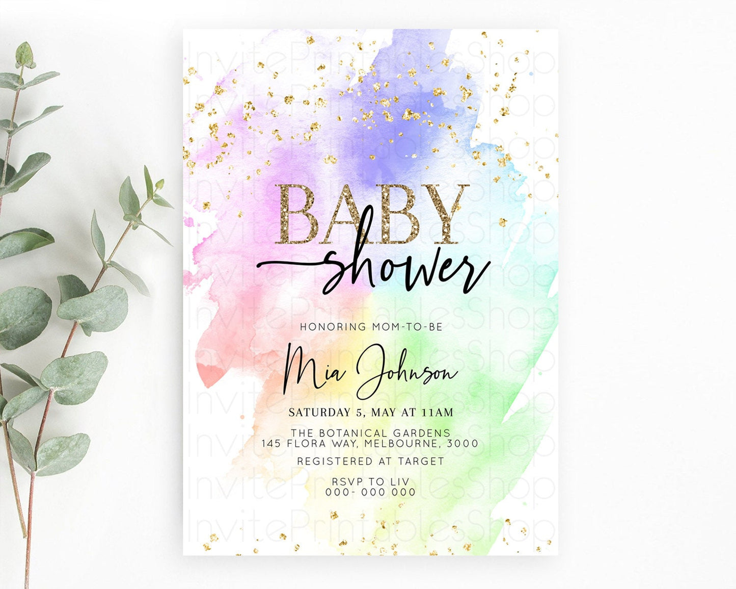 Pastel Baby Shower Invitation Rainbow Baby Shower Invitation Colorful Pastel Watercolor Invitation Gold Glitter Sprinkles Ombre D10316