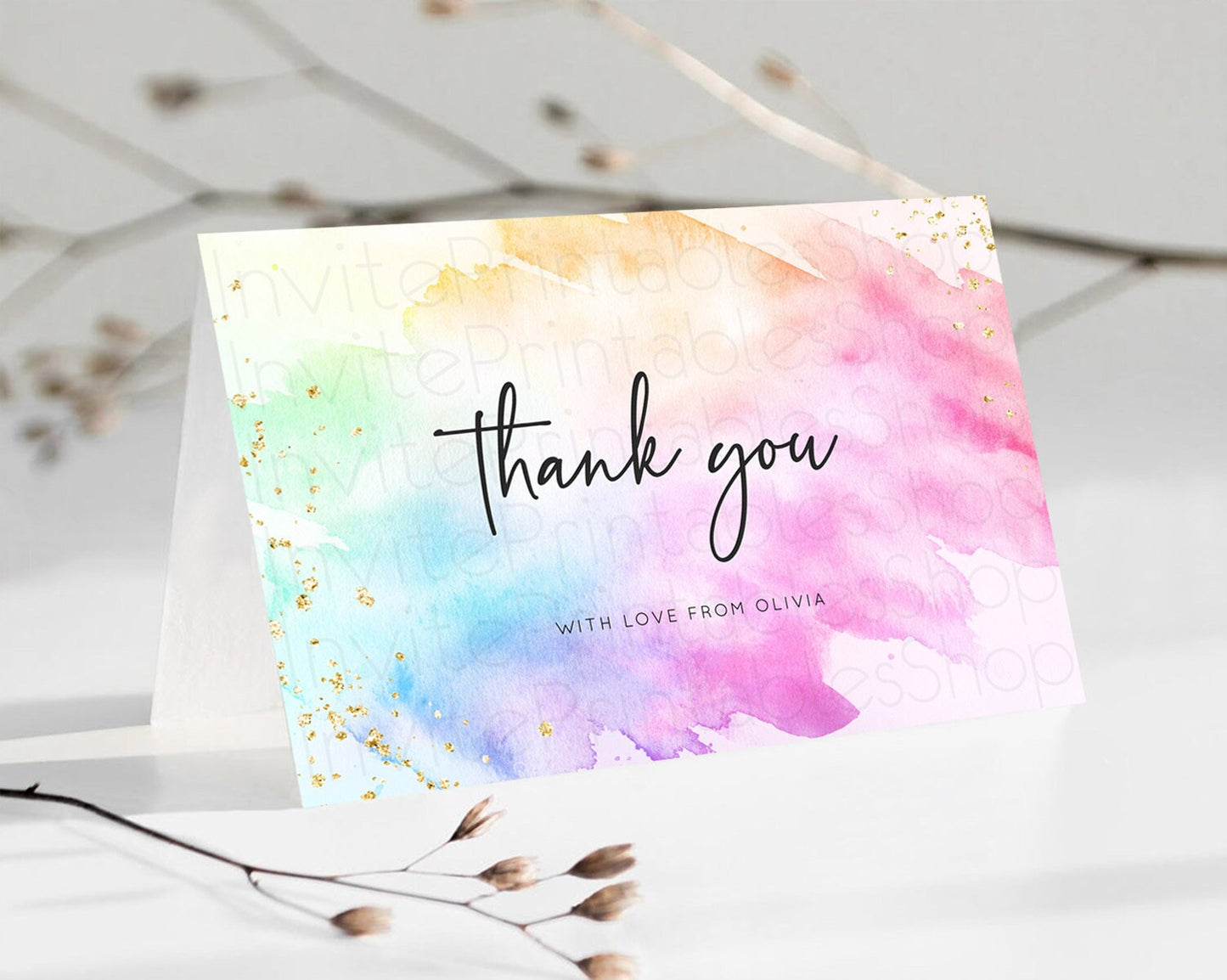 Pastel Thank You Rainbow Thank You Card Colorful Pastel Birthday Thank You Card Confetti Watercolor Pastel Teacher Thank You Cards D10449