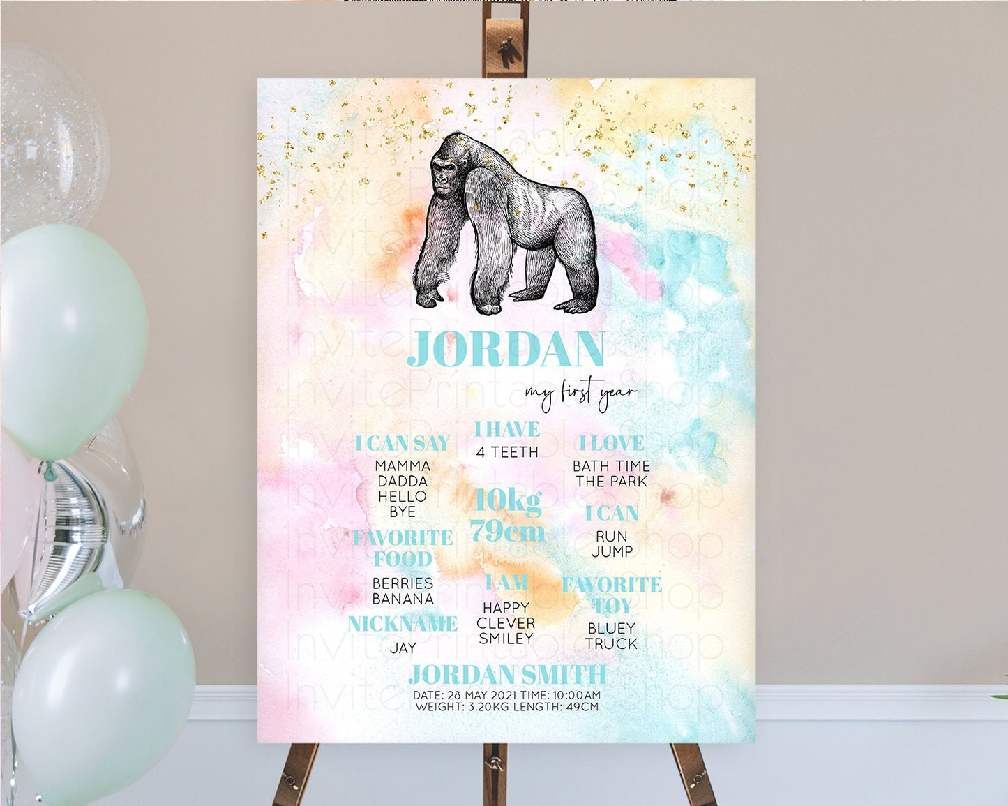 Editable Pastel Gorilla First Birthday Milestone Board Gorilla Milestone Pos