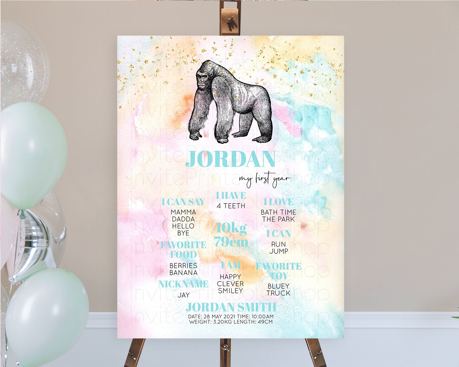 Editable Pastel Gorilla First Birthday Milestone Board Gorilla Milestone Pos