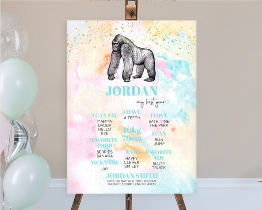 Editable Pastel Gorilla First Birthday Milestone Board Gorilla Milestone Pos