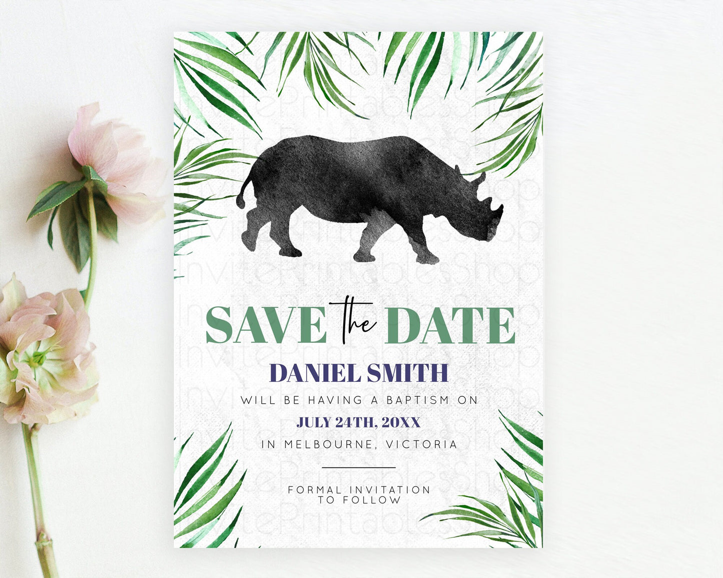 Rhino Save The Date Template Rhino Party Save The Date Safari Adventure Rhino Minimal Theme For 1st Birthday Baptism Baby Shower D10843