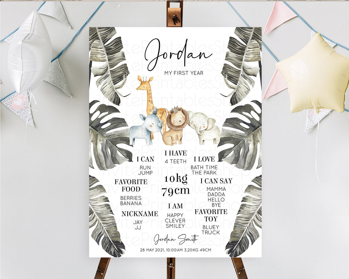 Safari First Birthday Milestone Poster Lion Gorilla Elephant Rhino Tropical Palm Jungle Zoo Party Animal 1st Birthday Welcome Sign D10599