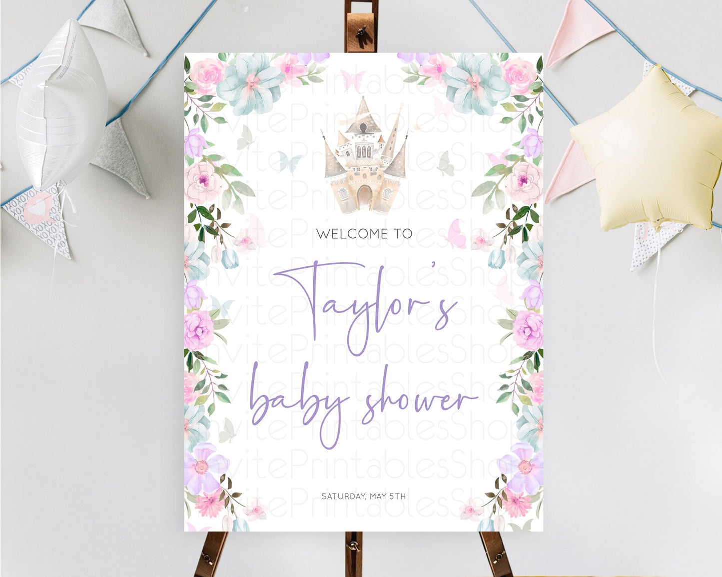 Princess Baby Shower Welcome Sign Castle Welcome Board Secret Garden Enchanted Castle Pastel Floral Garden Baby Shower Welcome Sign D10471