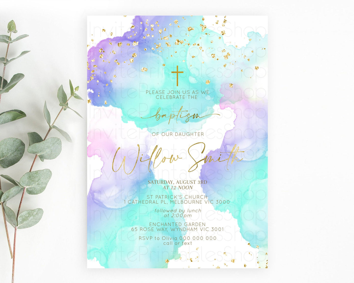 Pastel Baptism Invitation Pastel Colors Watercolor Baptism 1st Birthday Party Gold Ombre Pastel Rainbow Christening Holy Communion D10212