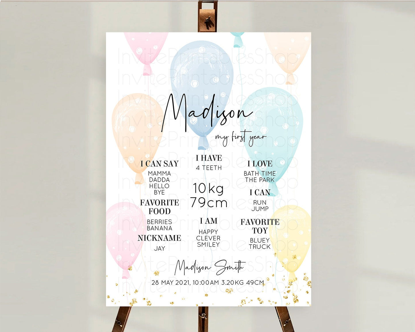 Pastel Balloons First Birthday Milestone Board Colorful Balloon Milestone Poster Rainbow Balloon Confetti 1st Birthday Welcome Sign D10776