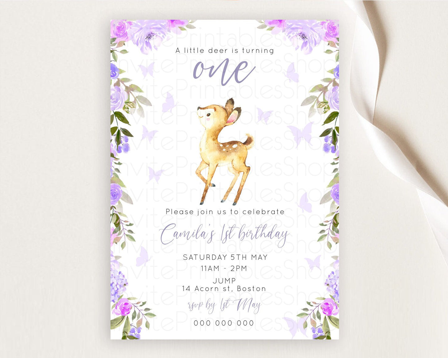 Fawn Birthday Invitation Deer Birthday Invitation Enchanted Forest Party Butterfly Pastel Flowers Whimsical 2nd 1st First Birthday D10916