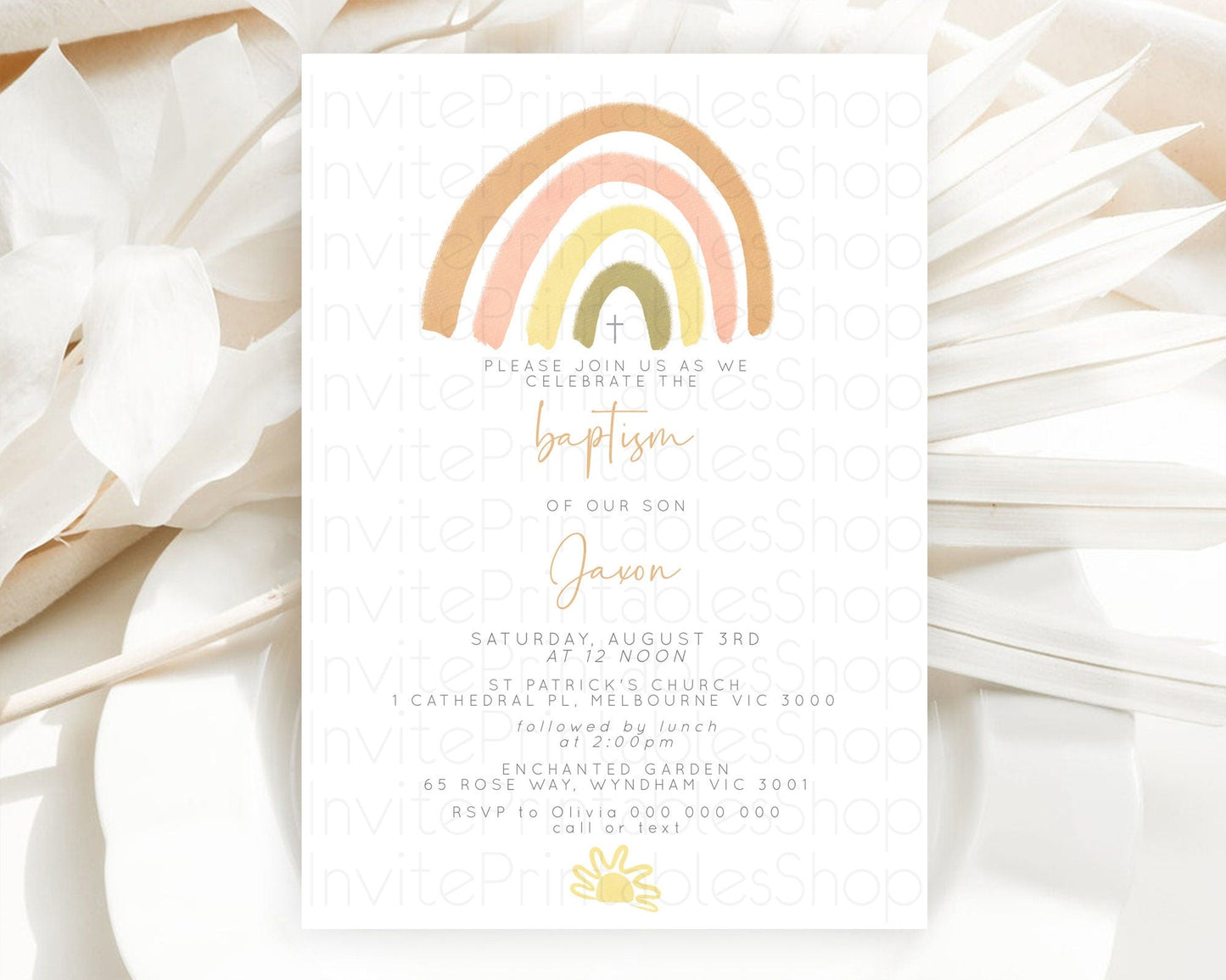 Pastel Rainbow Baptism Invitation Boho Rainbow Baptism 1st Birthday Invitation Rainbow Pastel Watercolor Christening Invitation D10684