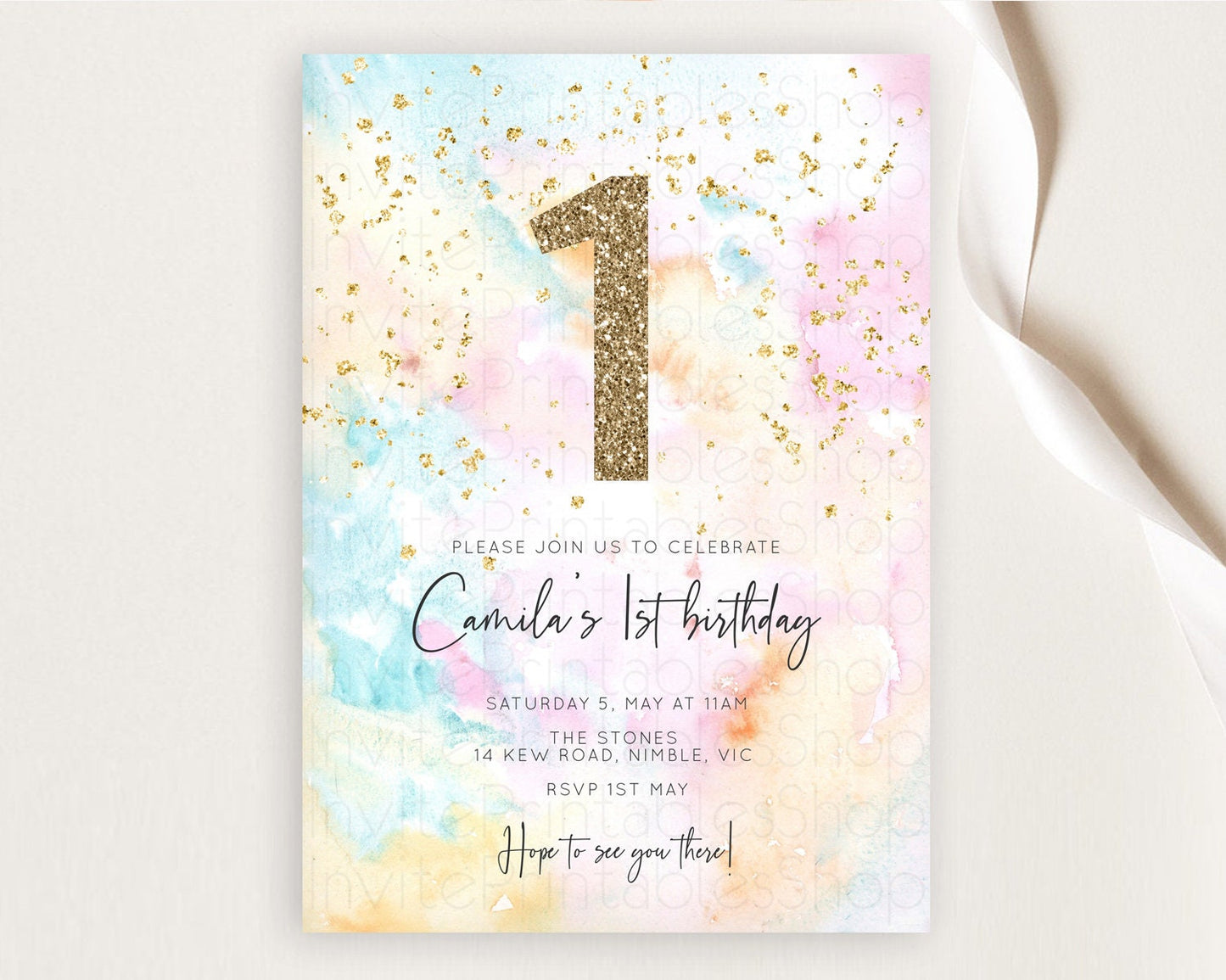 Rainbow Birthday Invitation Colorful Pastel Watercolor Invitation Gold Glitter Sprinkles Ombre Pastel 1st 2nd 3rd Birthday D10548