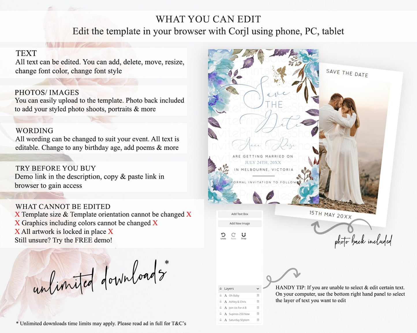 Fairy Save The Date Template Enchanted Garden Pastel Floral Butterfly Party Secret Garden Birthday Baptism Baby Shower Bridal Shower D10728