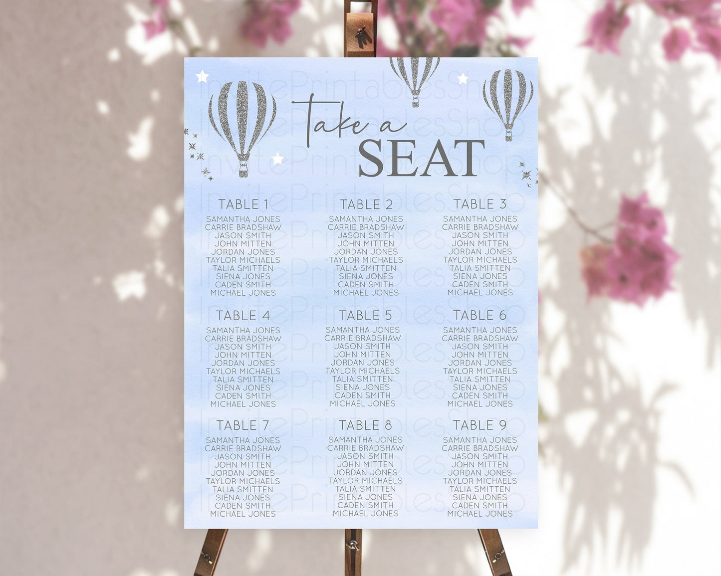 Hot Air Balloon Seating Chart Hot Air Balloon Seating Chart Adventure Awaits Up & Away Glitter Blue Watercolor Seating Take a Seat D10334