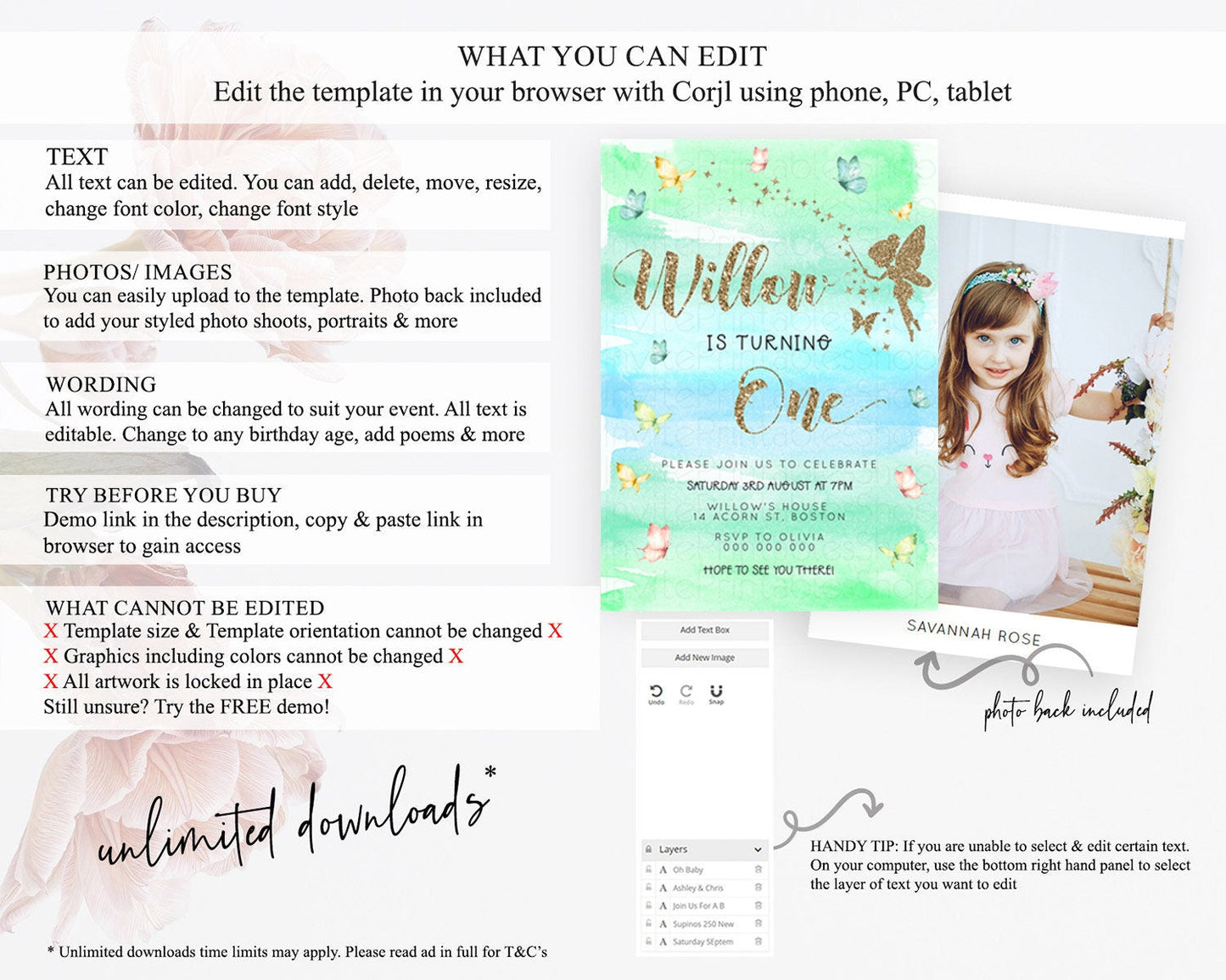 Pastel Fairy Birthday Invitation Pastel Butterflies Fairy Birthday Invitation Rainbow Ombre Watercolor 1st 2nd Birthday Invitation D23323