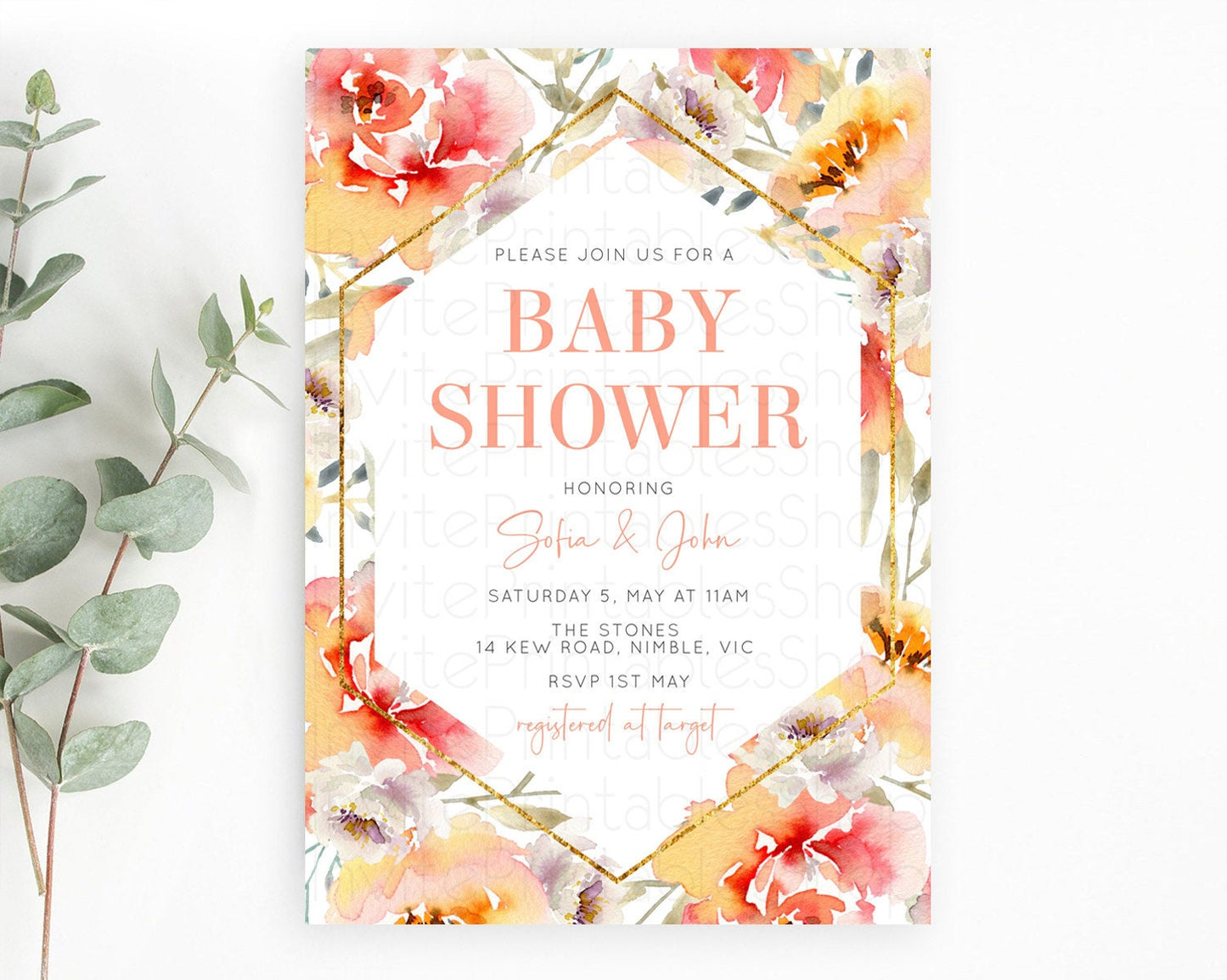 Secret Garden Baby Shower Invitation, Wildflower, Blooms, Botanical Theme, Pastel Flowers, Orange, Red Floral, Gold Accents D10791