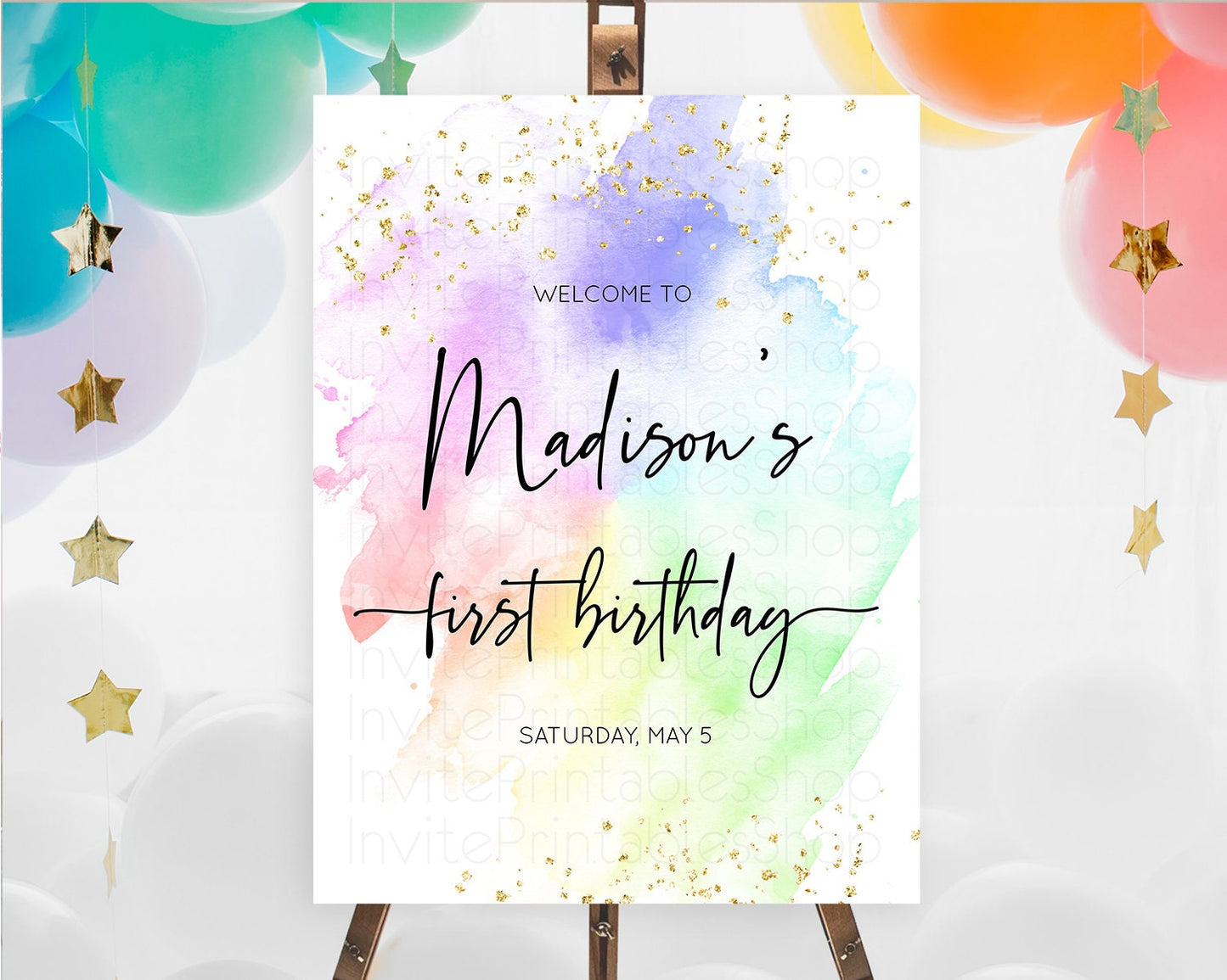 Pastel Welcome Sign Pastel Rainbow Welcome Sign Colorful Rainbow Confetti Watercolor Glitter Pastel First Birthday Welcome Sign D10316