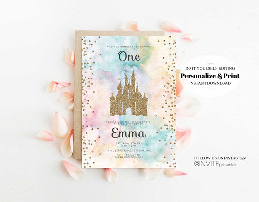 Princess Birthday Invitation Castle Birthday Invitation Rainbow Watercolor Invitation Gold Glitter Confetti Sprinkles Royal Edit Template