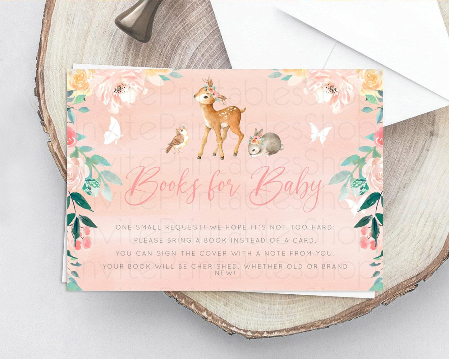 Fawn Books For Baby Card Deer Book Insert Floral Deer Book Card Enchanted Forest Butterfly Pastel Baby Shower Book Poem Request D10921