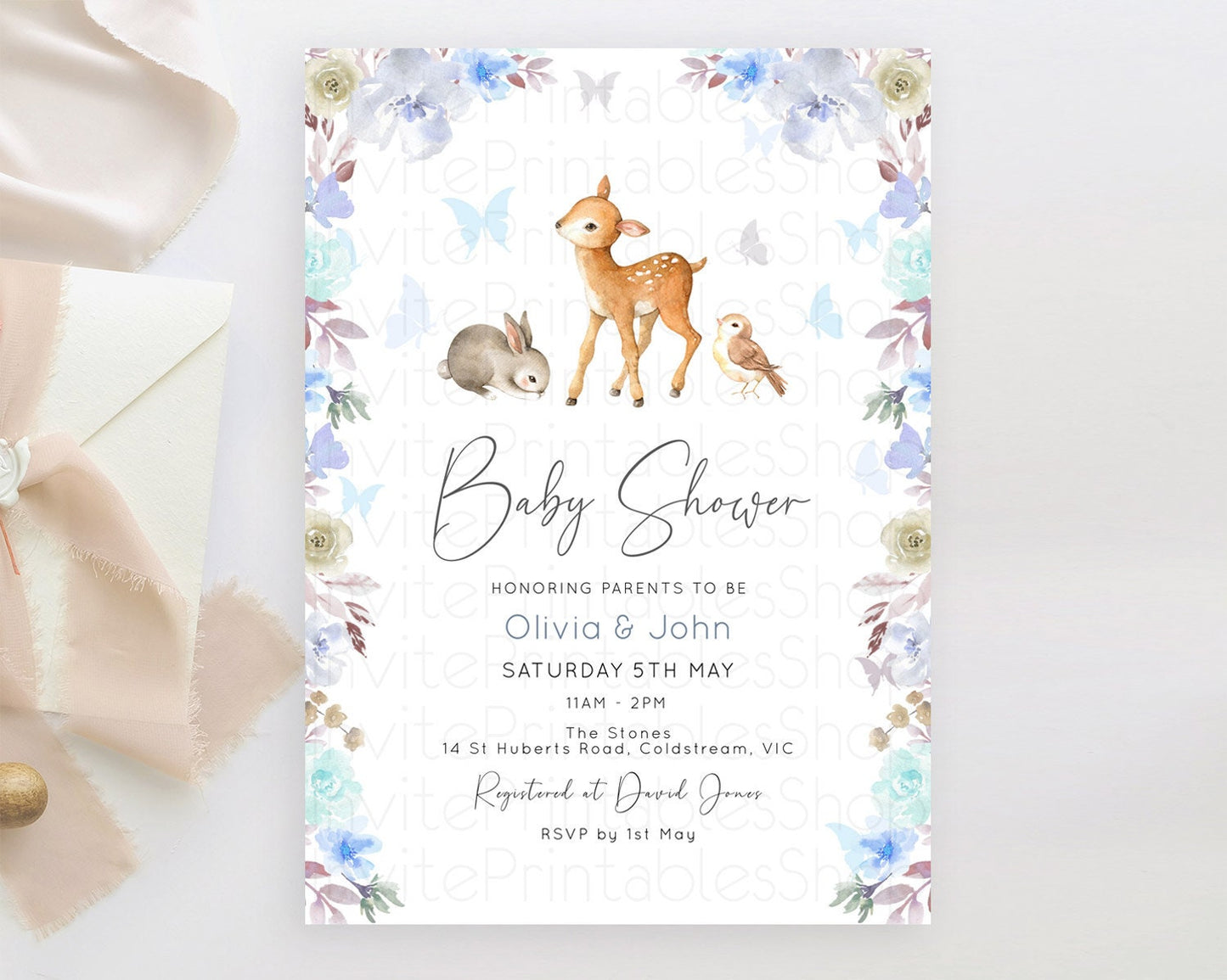 Enchanted Forest Baby Shower Invitation: Fawn, Butterflies, Pastel Blue Grey Flowers, Floral - Woodland Gender Reveal, Secret Garden D10929