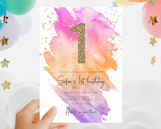 Editable Rainbow Birthday Invitation Colorful Pastel Watercolor Invitation G