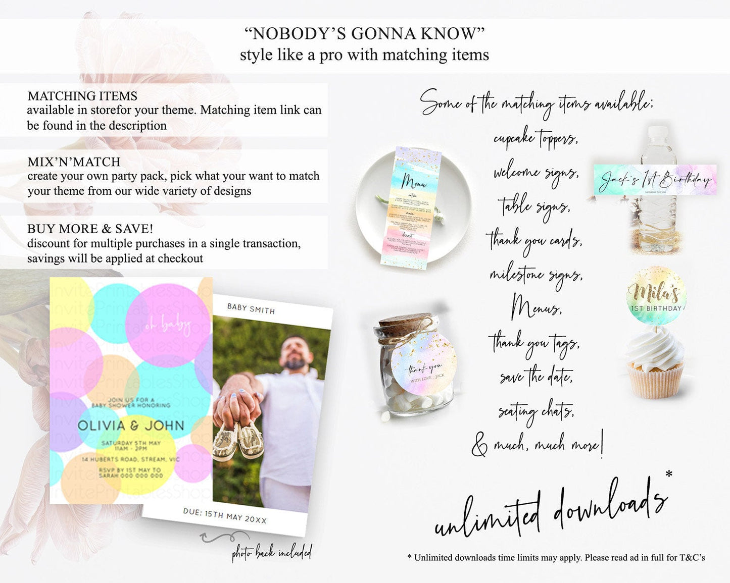 Pastel Rainbow Baby Shower Invitation, Confetti, Sprinkles, Bubbles Pink, Blue, Yellow Cute for Boy or Girl Gender Reveal Celebration D10406