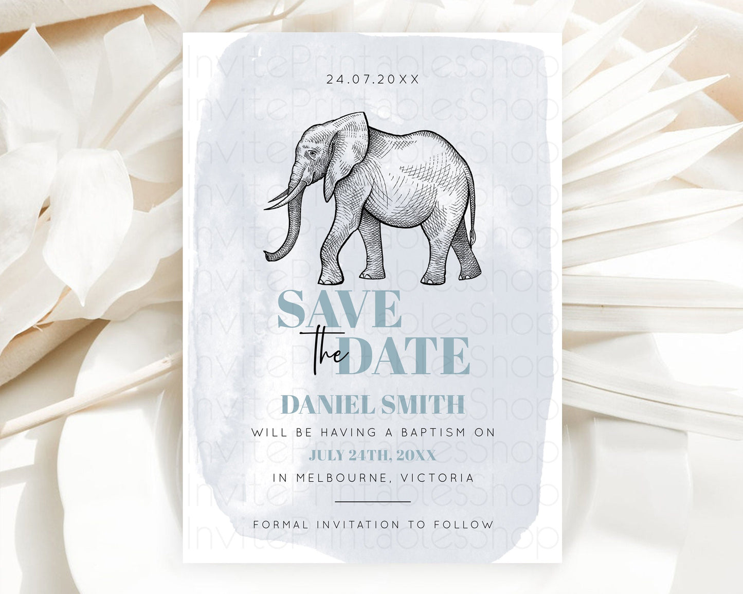 Elephant Save The Date Template Elephant Safari Adventure Party Dried Palm Fern Zoo 1st Birthday Baptism Baby Shower Bridal Shower D10811