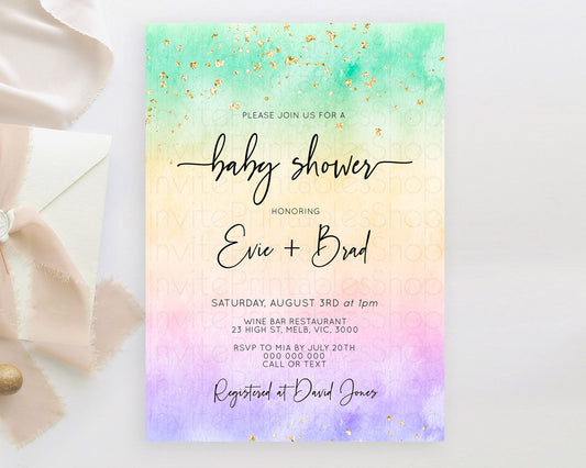 Pastel Baby Shower Invitation Rainbow Baby Shower Invitation Colorful Pastel Watercolor Invitation Gold Glitter Sprinkles Ombre D10481