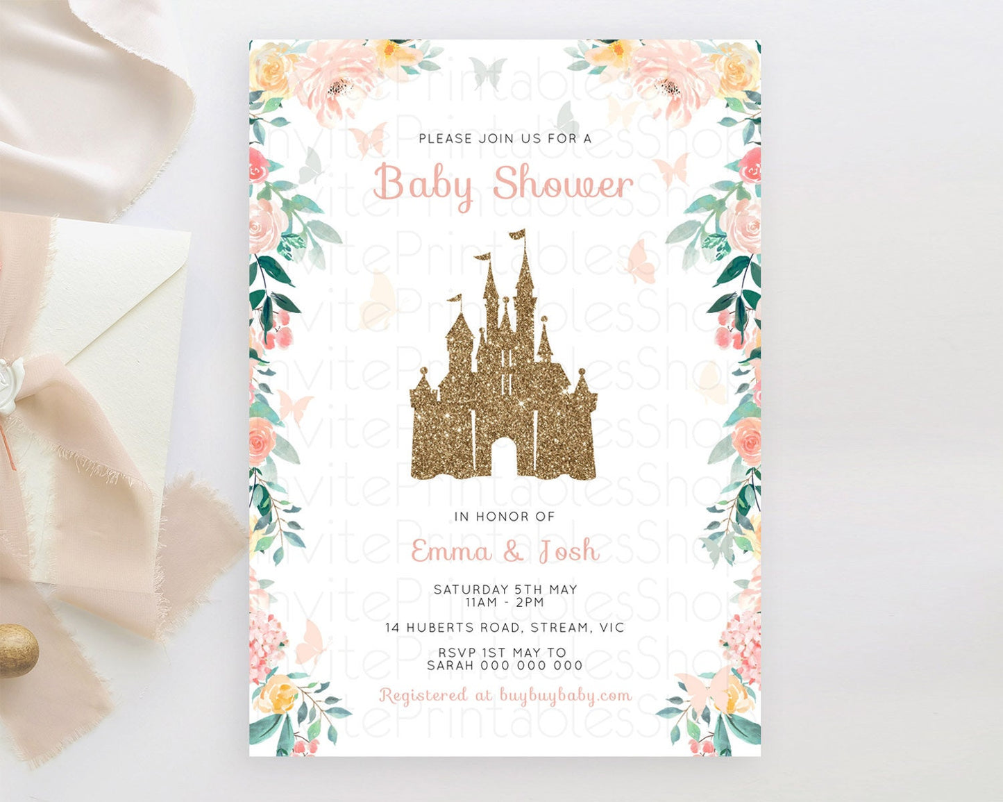 Pastel Princess Baby Shower Invitation Floral Castle Invitation Royal Baby Invite Enchanted Castle Pastel Flower Garden Baby Shower D10429