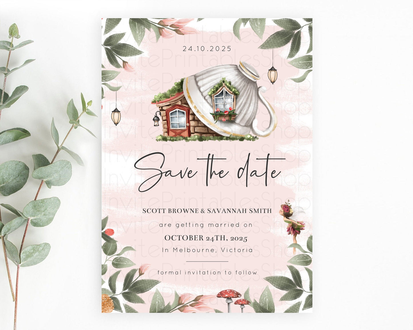 Fairy Save The Date Template Enchanted Garden Pastel Floral Butterfly Party Secret Garden Birthday Baptism Baby Shower Bridal Shower D10563