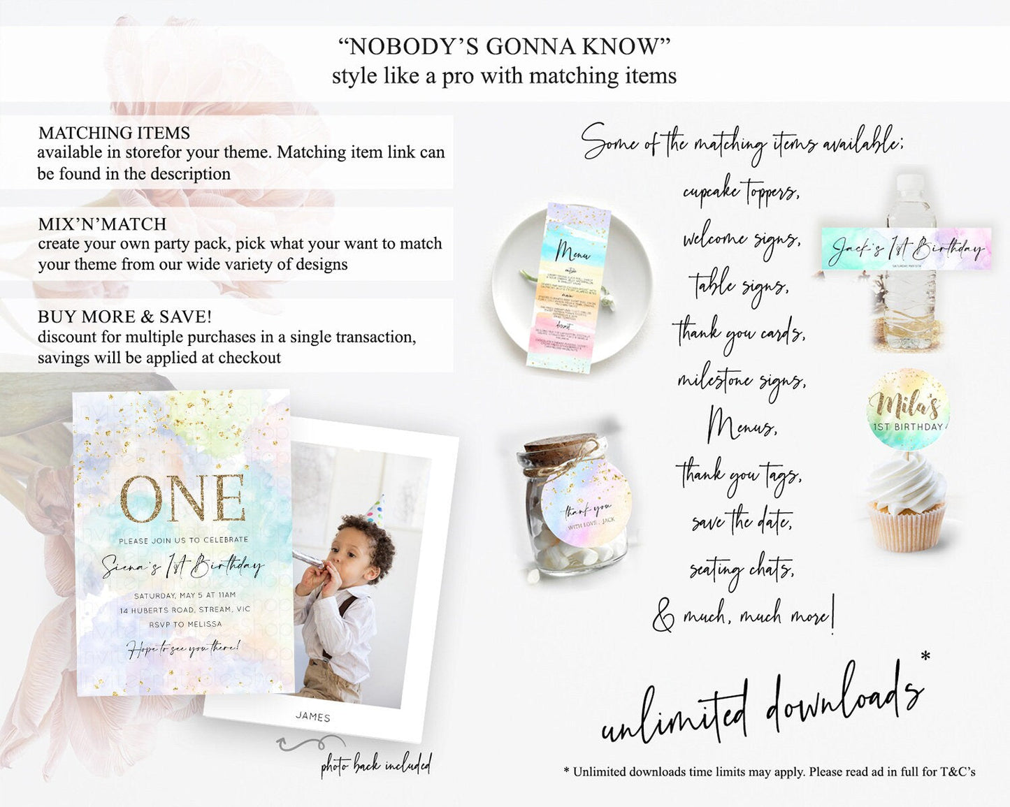 Rainbow Birthday Invitation Colorful Pastel Watercolor Invitation Gold Glitter Sprinkles Ombre Pastel 1st 2nd 3rd Birthday D10613
