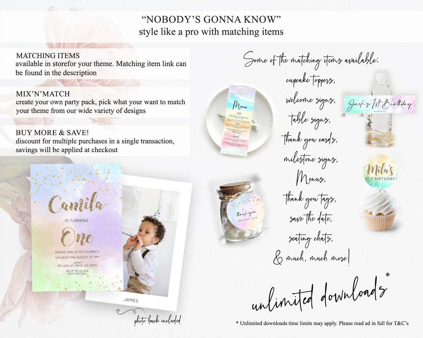 Rainbow Birthday Invitation Colorful Pastel Watercolor Invitation Gold Glitter Sprinkles Ombre Pastel 1st 2nd 3rd Birthday D10372