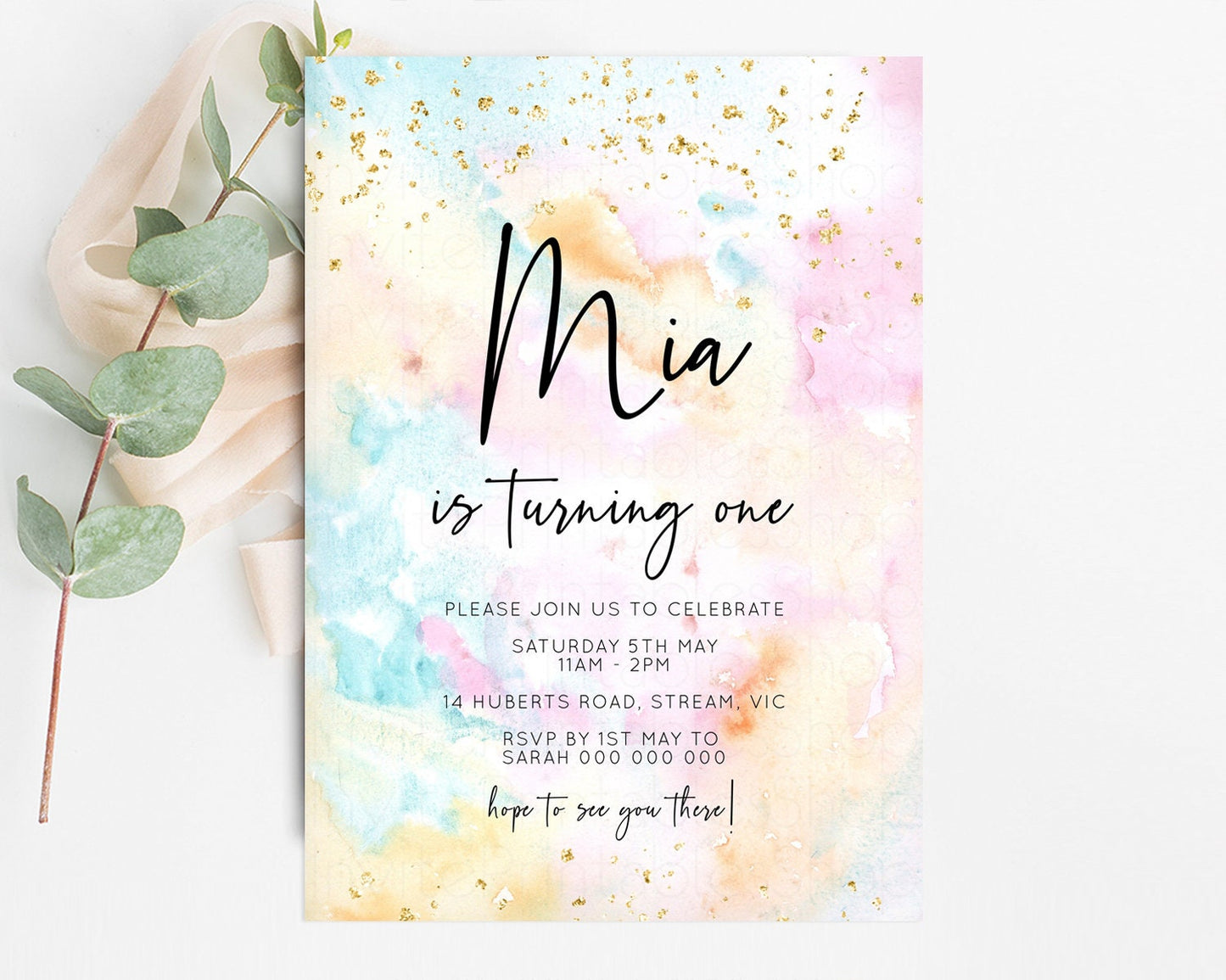 Rainbow Birthday Invitation Glitter Pastel Invitation Colorful Watercolor Gold Foil Splatter Sprinkles Ombre 1st 2nd 3rd Party Invite TC566