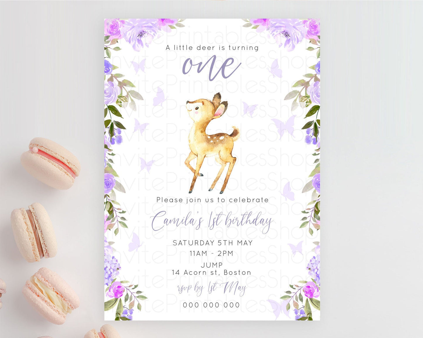 Fawn Birthday Invitation Deer Birthday Invitation Enchanted Forest Party Butterfly Pastel Flowers Whimsical 2nd 1st First Birthday D10916