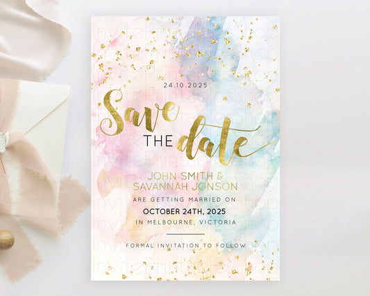 Editable Pastel Save The Date Template Pastel Ombre Rainbow Watercolor Color