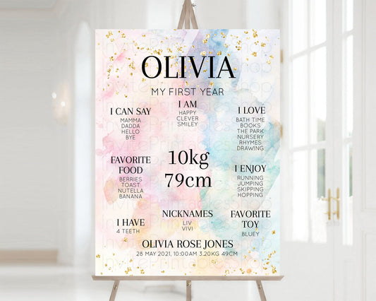 Watercolor Rainbow Baby Milestone Board First Birthday Poster Welcome Board 1st Birthday Keepsake Sign Colorful Splash Pastel Glitter 276