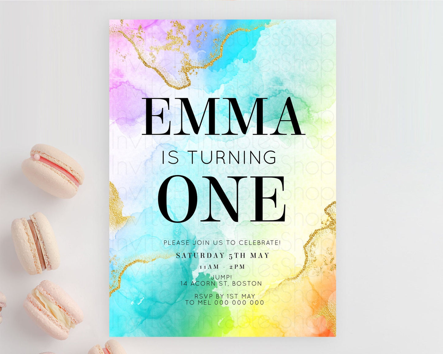 Rainbow Birthday Invitation Colorful Pastel Watercolor Invitation Gold Glitter Sprinkles Ombre Pastel 1st 2nd 3rd Birthday D10393
