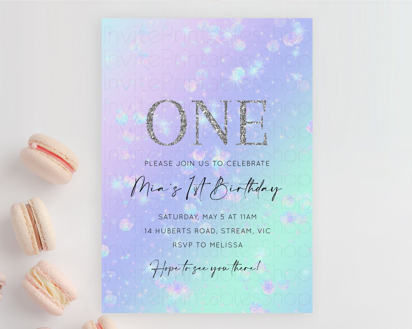 Rainbow Birthday Invitation Colorful Pastel Watercolor Iridescent Glitter Sprinkles Ombre Pastel Invitation 1st 2nd First Birthday D10663