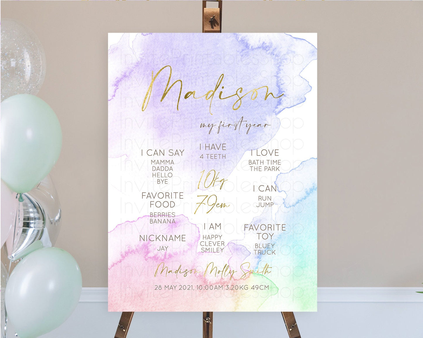 Pastel First Birthday Milestone Board Pastel Rainbow Milestone Poster Colorful Confetti Watercolor Glitter 1st Birthday Welcome Sign D10215