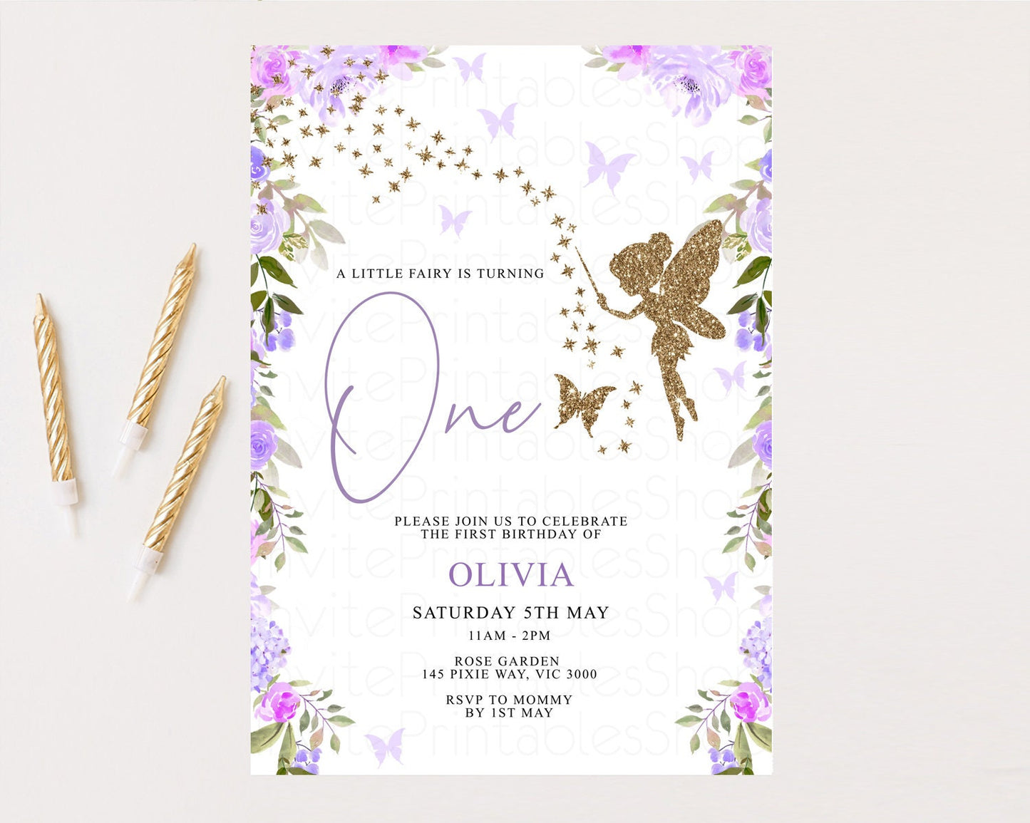 Fairy Birthday Invitation Enchanted Fairy Garden Invitation Magical Pixie Floral Pastel Birthday Invitation Wildflower Purple Glitter 47