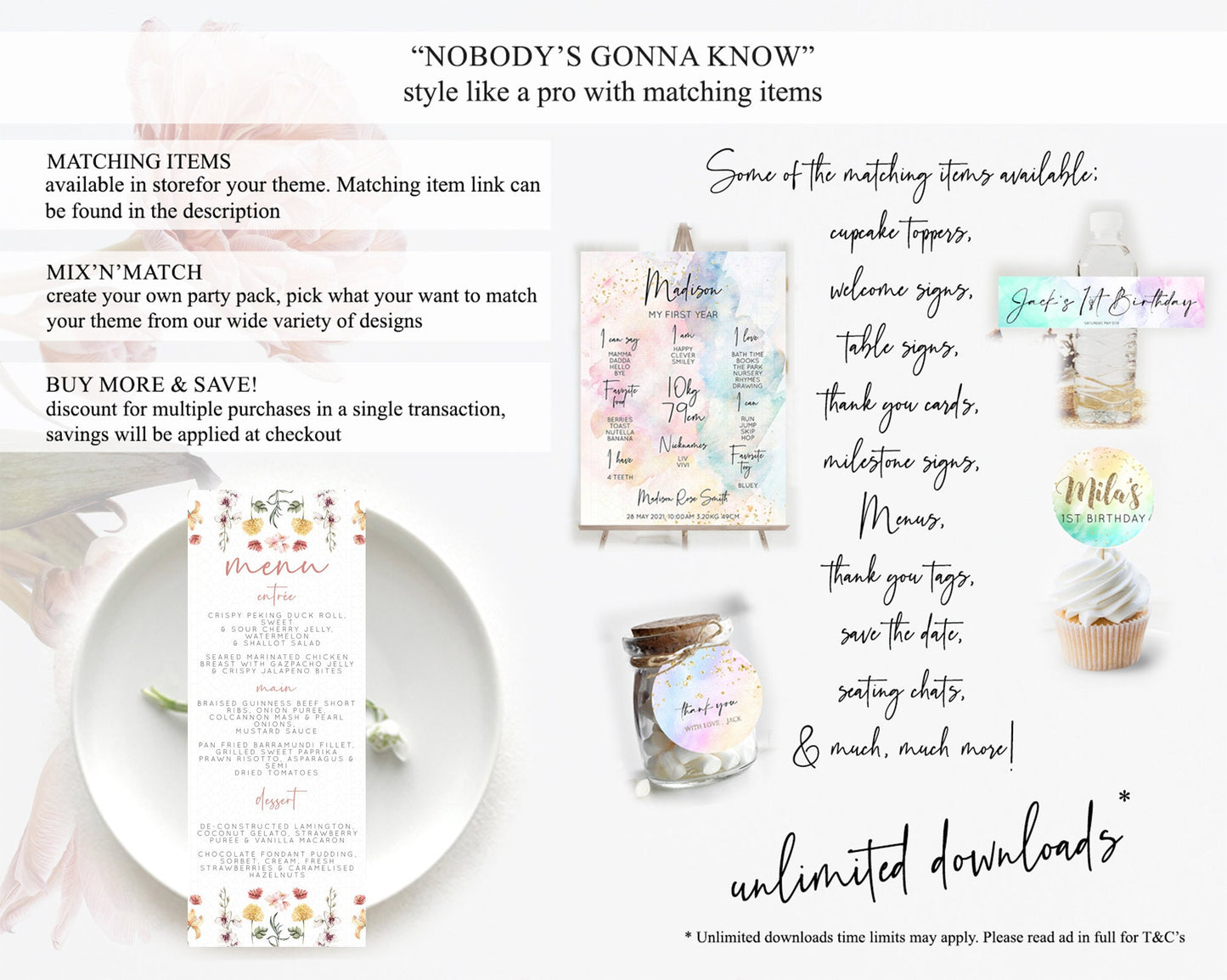 Secret Garden Menu Wildflower Menu Template Pastel Flower Garden Table Decor Boho Floral Dinner Dessert Floral Party Food Menu D10682